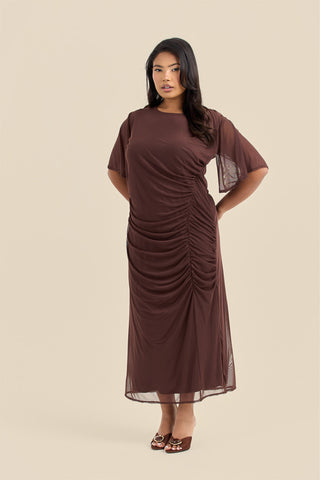 Plus Size Ruched Angel Sleeve Midi Dress