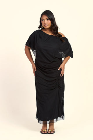 Curve Drop Shoulder Ruched Mesh Black Midaxi Dress