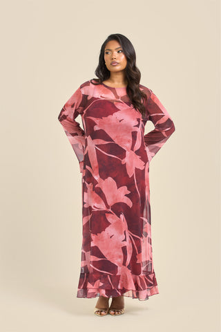 Curve Burgundy Abstract Ruffle Swing Style Maxi Dress