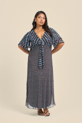 Curve Flutter Sleeve Mixed Polka Dot Midi Dress