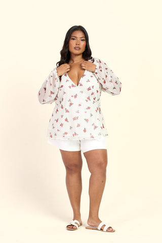 Curve Ditsy Print Wrap Balloon Sleeve Mesh Blouse