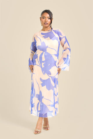 Curve Swing Style Floral Abstract Mesh Midaxi Dress