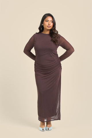 Curve long sleeve chocolate mesh midaxi dress