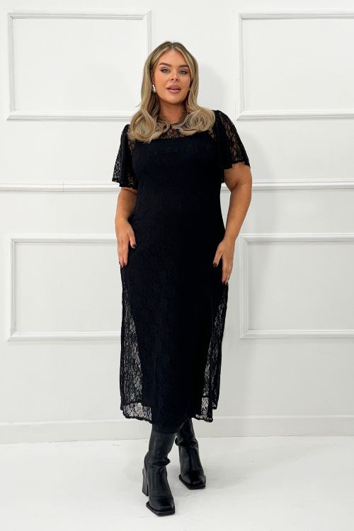 Plus Size Black Lace Flutter Sleeve Midi Dress Fashion SZN