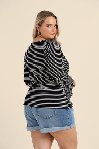 Curve Monochrome Knitted Stripe Twist Front Flare Sleeve Top