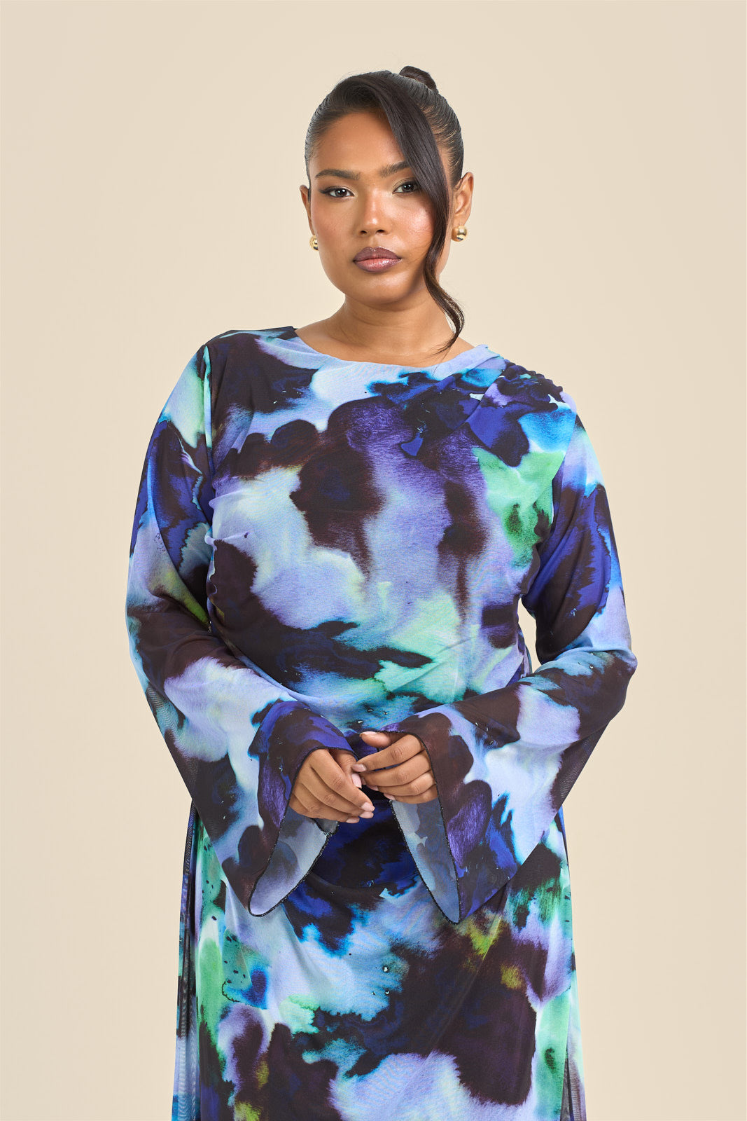 Curve Flare Sleeve Round Neck Printed Mesh Dress Fashion//SZN Curve Flare Sleeve Round Neck Printed Mesh Dress Fashion//SZN