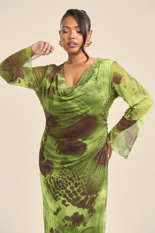 Curve Abstract Blurred Floral Cowl Neck Maxi Dress