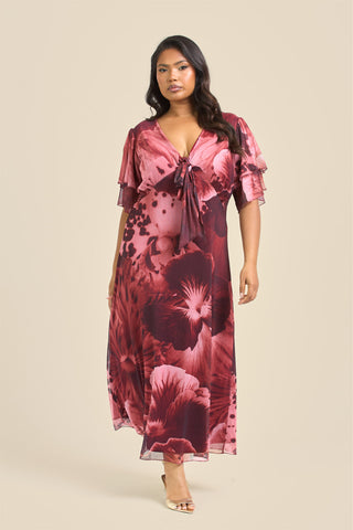 Curve Bold Pansy Print Flutter Sleeve Tie Front Midi Dress