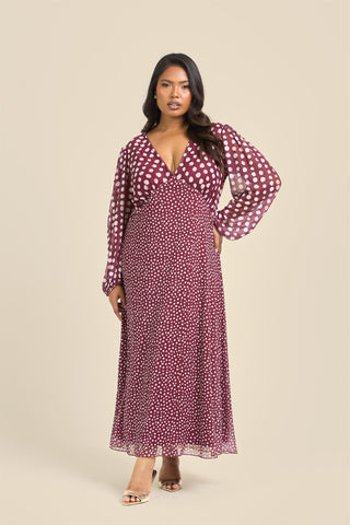 Curve Balloon Sleeve Mixed Polka Dot Midi Dress
