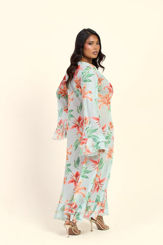 Curve Lily Print Long Sleeve Ruffle Swing Maxi Dress