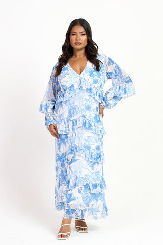 Curve Blue Floral Print Ruffle Balloon Sleeve Maxi Dress