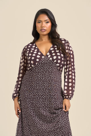 Curve Chocolate Polka Dot Balloon Sleeve Mesh Midi Dress