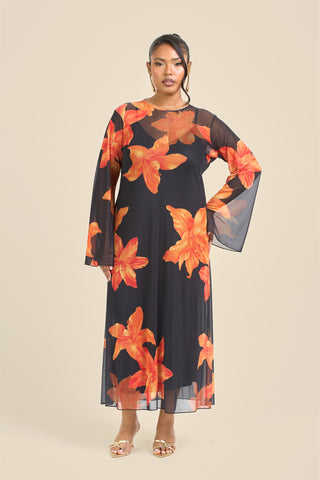 Curve Swing Style Bold Floral Mesh Midaxi Dress