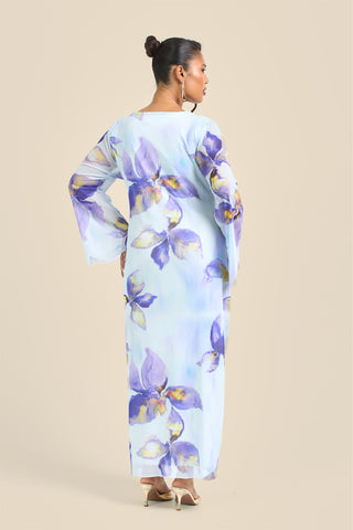 Curve Floral Lily Print Twist Front Mesh Flare Sleeve Midi Dress