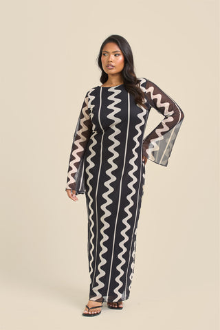 Curve mono print mesh flare sleeve maxi dress