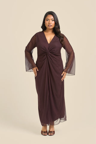 Curve Twist Front Plain Mesh Midaxi Dress