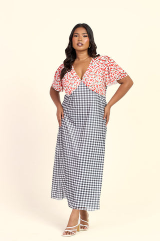 Curve Gingham And Floral Mixed Print Flutter Sleeve Midi Dress