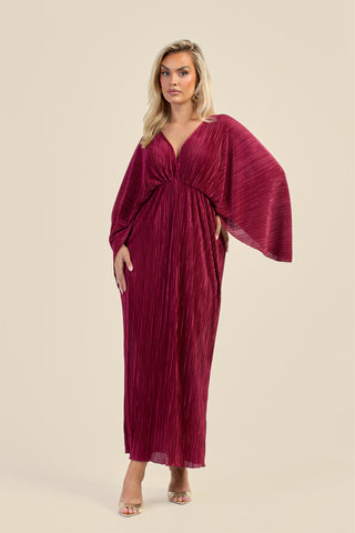 Curve Batwing plisse Burgundy Maxi Dress