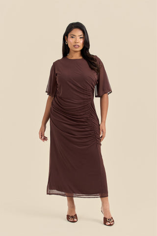Plus Size Ruched Angel Sleeve Midi Dress