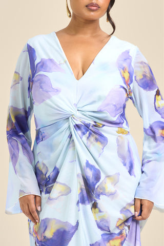 Curve Floral Lily Print Twist Front Mesh Flare Sleeve Midi Dress