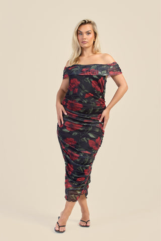 Curve bardot mesh rose print midi dress