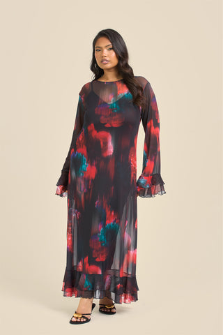 CURVE RUFFLE SWING STYLE LOOSE FIT MAXI DRESS