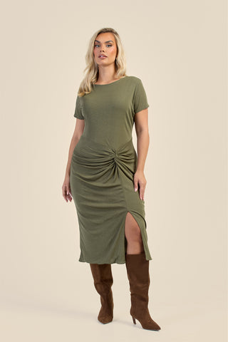 Curve Textured Knit Knotted Front Midi Dress