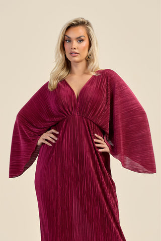 Curve Batwing plisse Burgundy Maxi Dress