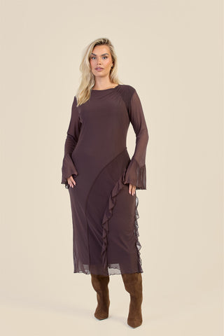 Curve Mesh Ruffle Sleeve Midi Dress