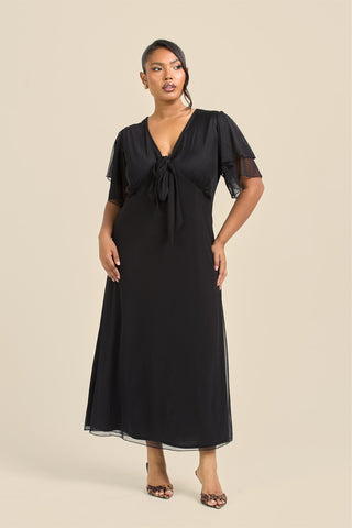 Curve Flutter Sleeve Black Mesh Tie Front Midi Dress