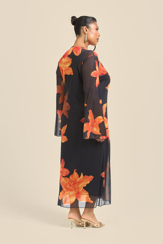 Curve Swing Style Bold Floral Mesh Midaxi Dress