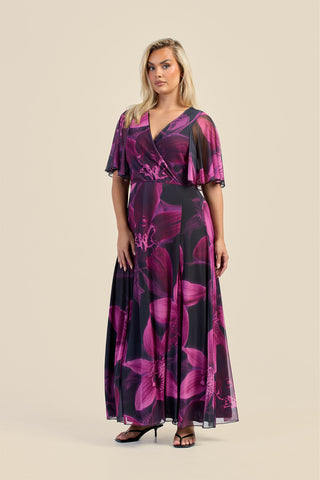 Curve Dark Purple Floral Wrap Front Angel Sleeve Maxi Dress