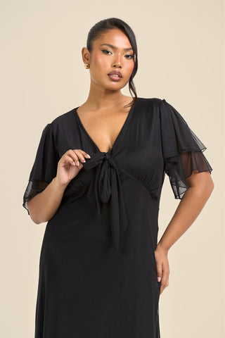 Curve Flutter Sleeve Black Mesh Tie Front Midi Dress