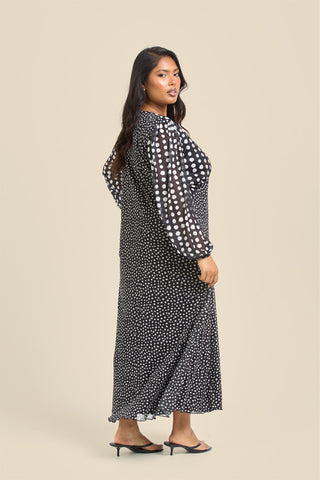 Curve Mixed Polka Dot Balloon Sleeve Midi Dress