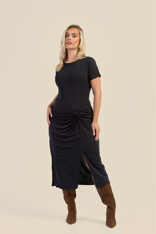 Curve Textured Knit Knotted Front Midi Dress