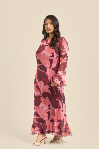Curve Burgundy Abstract Ruffle Swing Style Maxi Dress