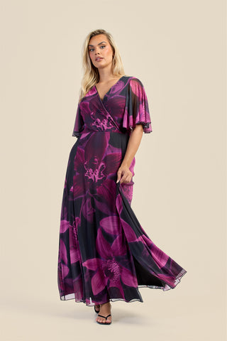 Curve Dark Purple Floral Wrap Front Angel Sleeve Maxi Dress