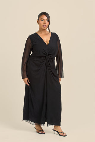 Curve Twist Front Flare Sleeve Black Mesh Midi Dress