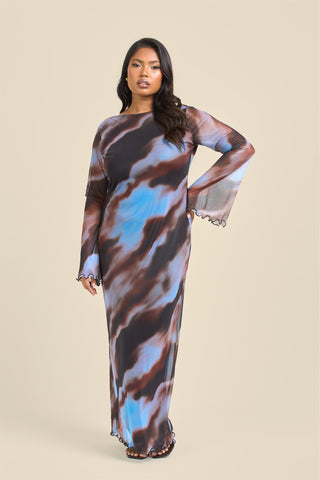 Curve Blue Abstract Print Flare Sleeve Mesh Maxi Dress