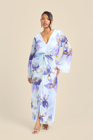 Curve Floral Lily Print Twist Front Mesh Flare Sleeve Midi Dress