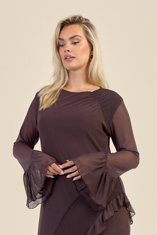 Curve Mesh Ruffle Sleeve Midi Dress