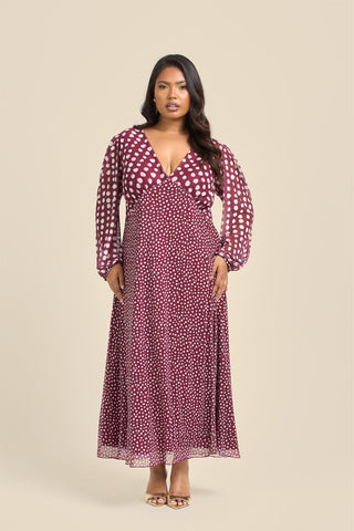 Curve Balloon Sleeve Mixed Polka Dot Midi Dress