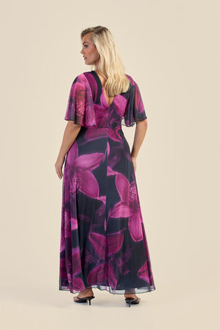 Curve Dark Purple Floral Wrap Front Angel Sleeve Maxi Dress
