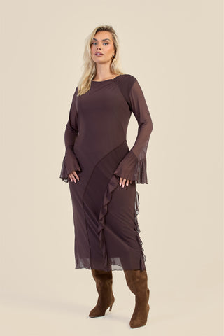 Curve Mesh Ruffle Sleeve Midi Dress