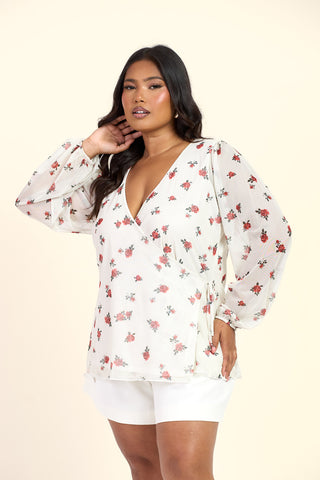 Curve Ditsy Print Wrap Balloon Sleeve Mesh Blouse