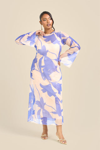 Curve Swing Style Floral Abstract Mesh Midaxi Dress