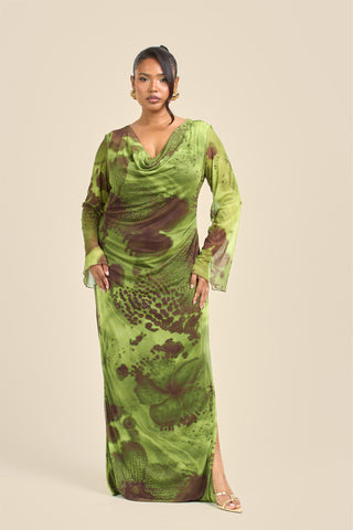 Curve Abstract Blurred Floral Cowl Neck Maxi Dress