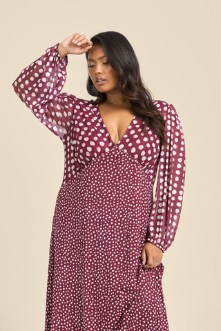 Curve Balloon Sleeve Mixed Polka Dot Midi Dress