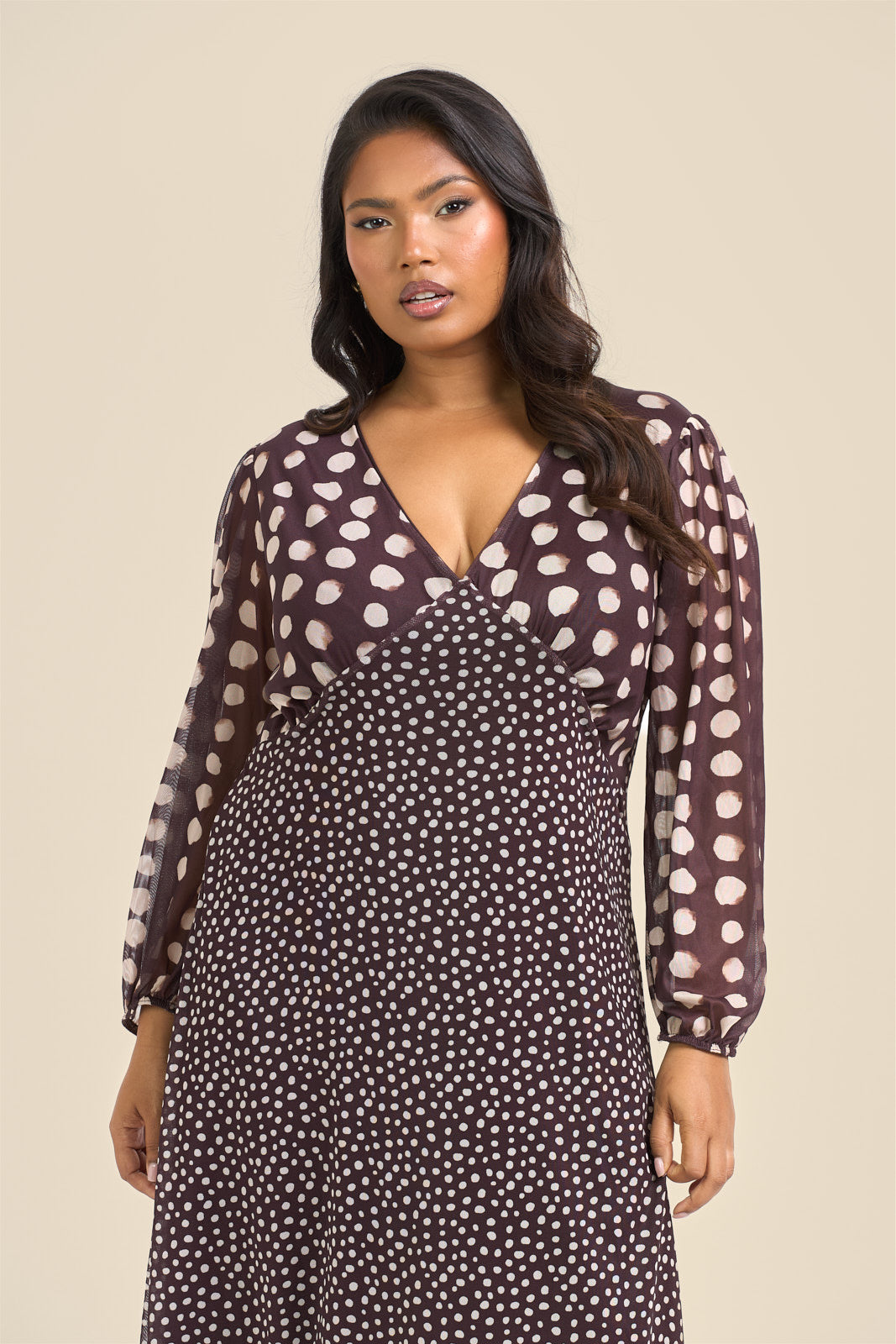 Plus Size Chocolate Polka Dot Balloon Sleeve Mesh Midi Dress Fashion//SZN Plus Size Chocolate Polka Dot Balloon Sleeve Mesh Midi Dress Fashion//SZN