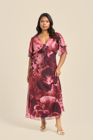 Curve Bold Pansy Print Flutter Sleeve Tie Front Midi Dress